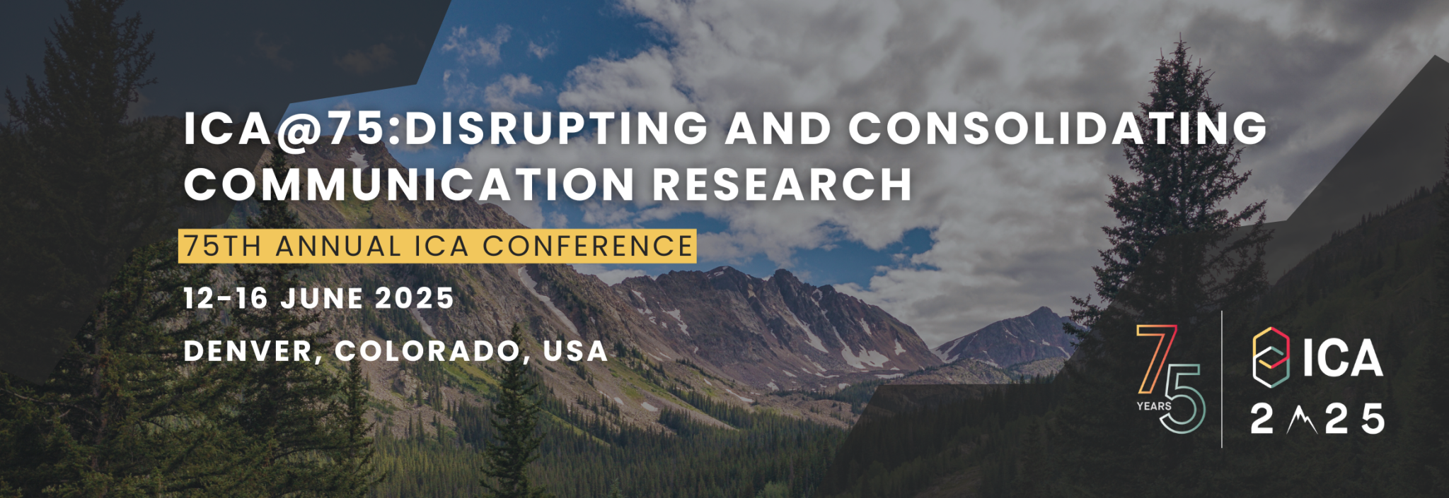Conference banner for ICA@75, featuring mountains and event details for June 2023 in Denver.